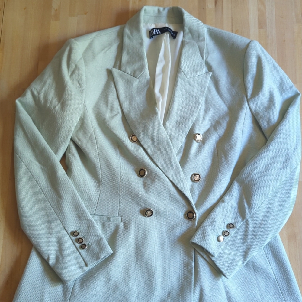 Zara Double Breasted Blazer XL Mint Light Green Spring Seafoam Classic Coquette
